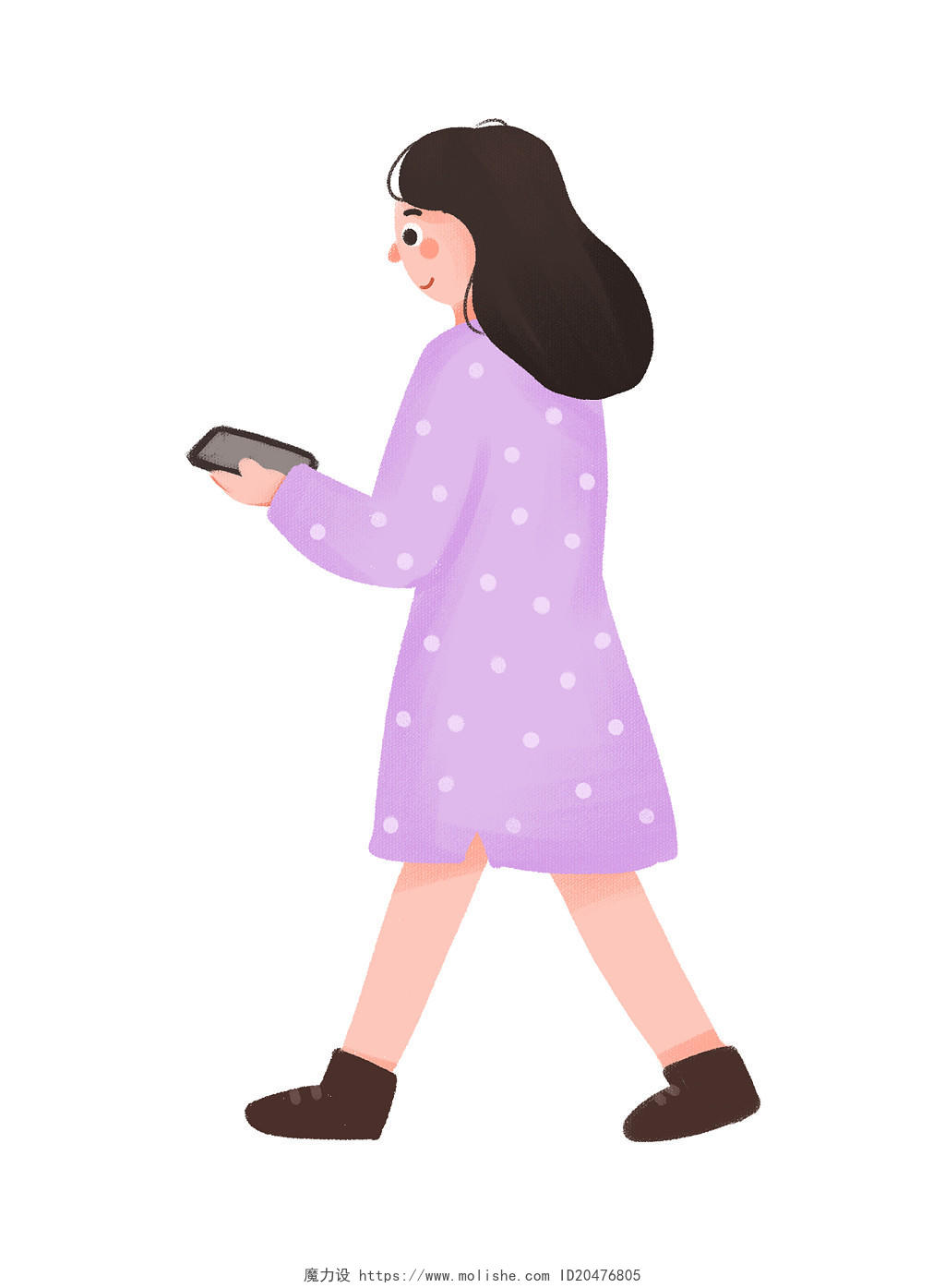 紫色手绘卡通女孩人物走路玩手机元素PNG素材